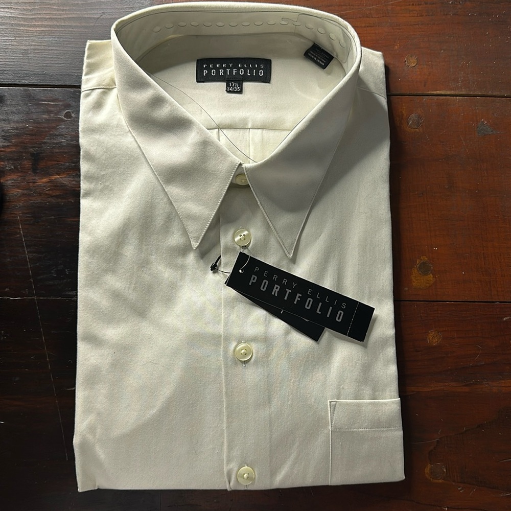 Perry Ellis Portfolio 17.5 34/35. Color is a cream white, off white.